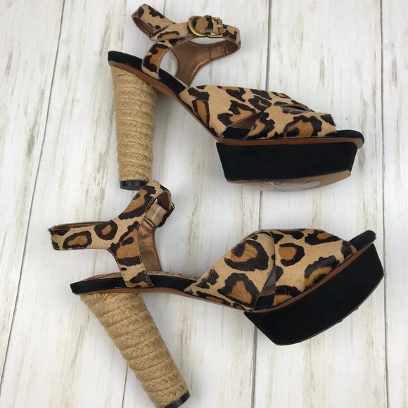 Sam Edelman Animal Print Leopard Print Leather Calf Fur Platform Heels Size 6.5 - Picture 14 of 16